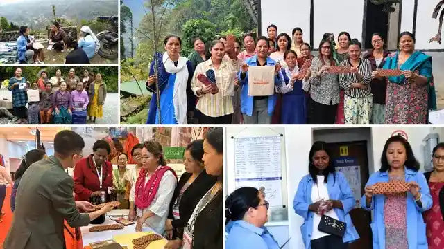 Community members participating in menstrual health outreach and reusable pad activities