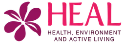 HEAL Health, Environment and Active Living logo with a magenta flower icon and text on a white background.