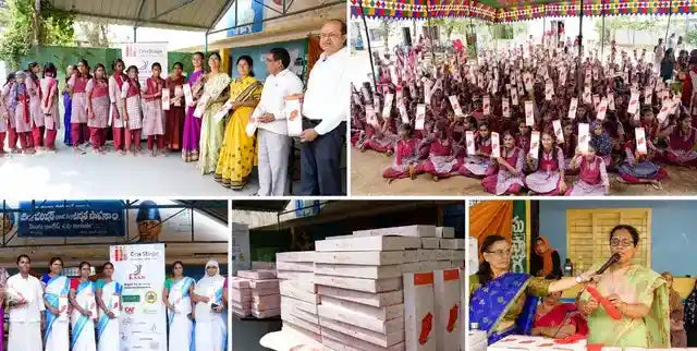 Community members and volunteers distributing menstrual care supplies during outreach