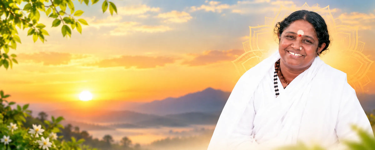 Sri Mata Amritanandamayi Devi, also known as AMMA, smiling in a white saree.
