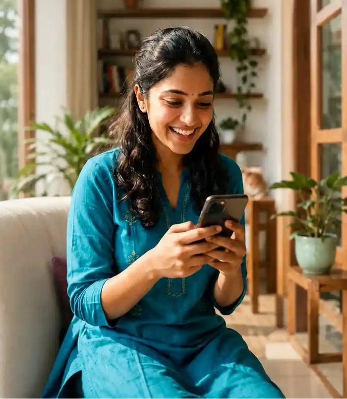 Woman smiling while using her smartphone at home.