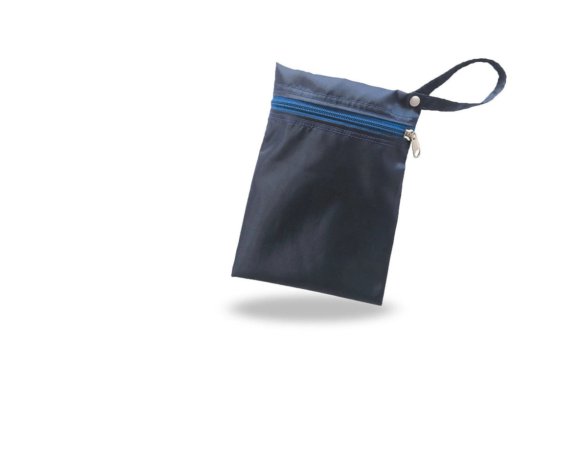 A dark coloured wet bag which can be used for keeping used eco-friendly reusable pads thereby helping in conveniently change pads when not at home.