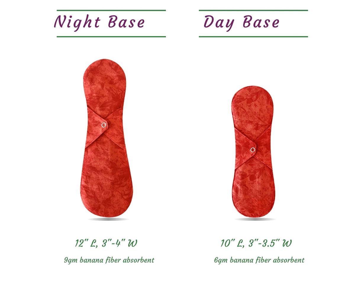 Night base and day base Saukhyam Reusable pads displayed along with measurements