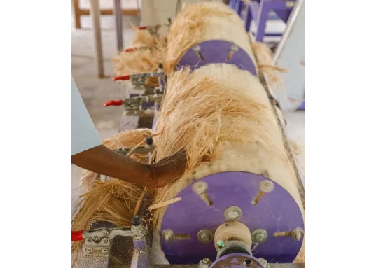 Women extracting and preparing natural banana fiber at Saukhyam factory